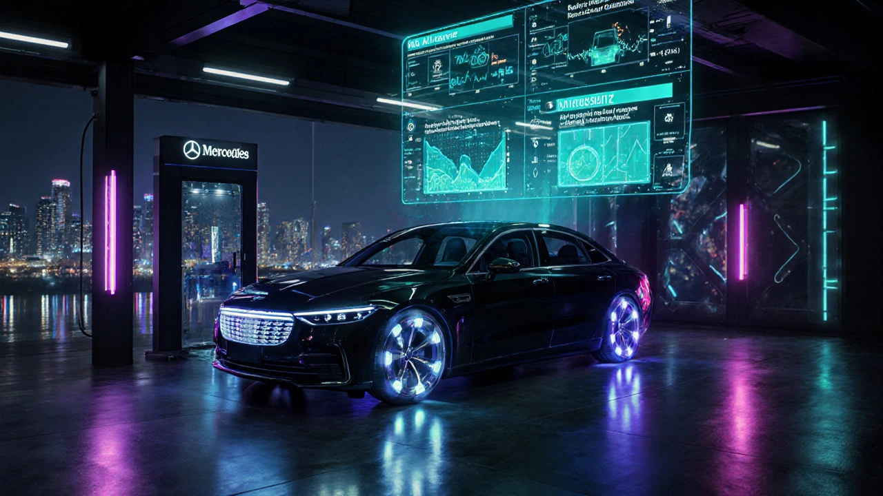 Autonomní auto s senzory a hologramem prediktivní údržby v nočním futuristickém garáži.