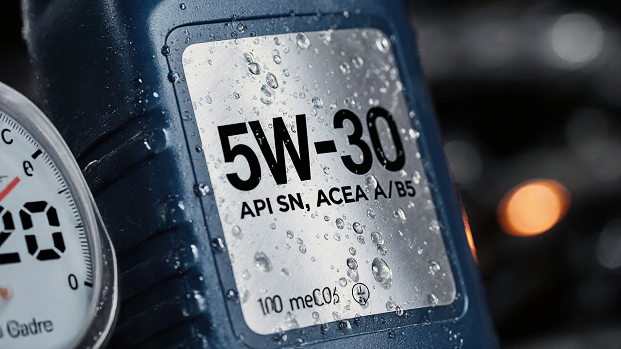 Detailní snímek štítku oleje 5W‑30 s API SN a ACEA A5/B5.