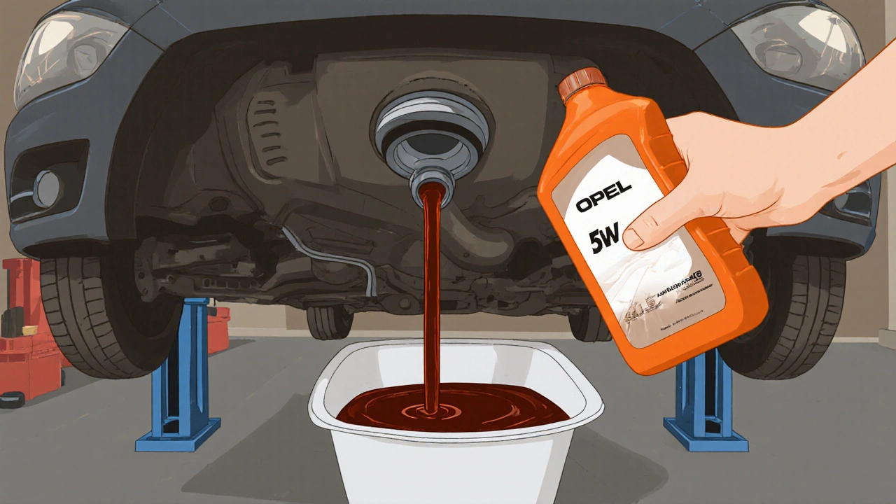 Domácí výměna oleje – odkapává se starý olej, nový filtr a láhev.