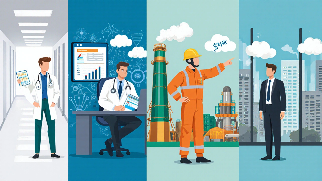 Flat‑design illustration of doctor, data scientist, IT manager, petrochemist, and financial director in their workplaces.