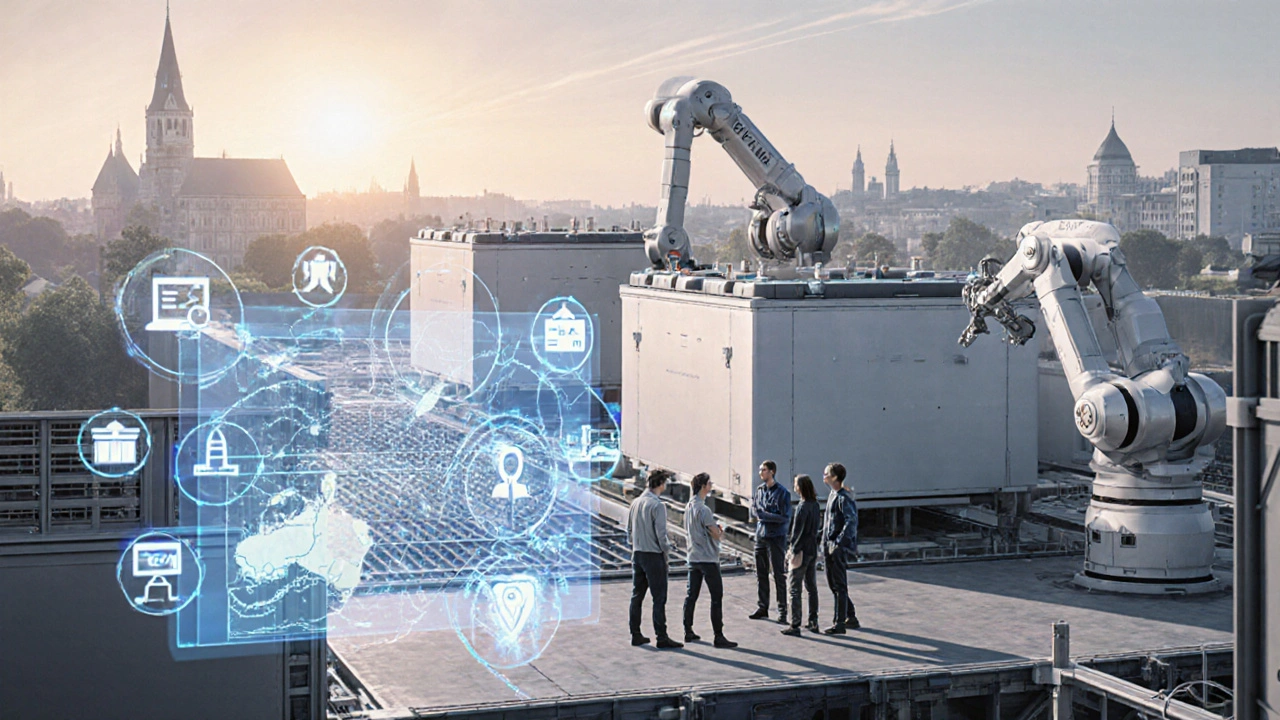 Futuristic Tesla battery plant near Brno with engineers, robots, and young professionals discussing career paths.