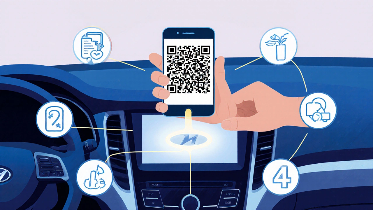 Ilustrace aktivace BlueLink: QR kód na palubní desce a telefon.
