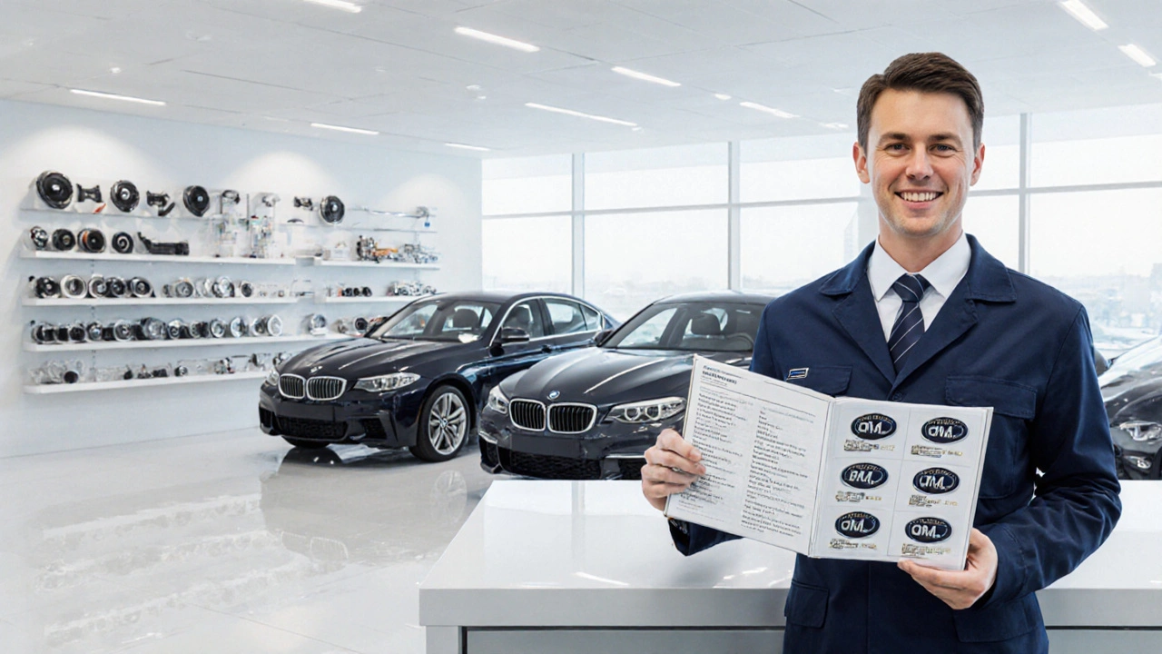 Interiér autorizovaného BMW dealera s vystavenými originálními součástmi.