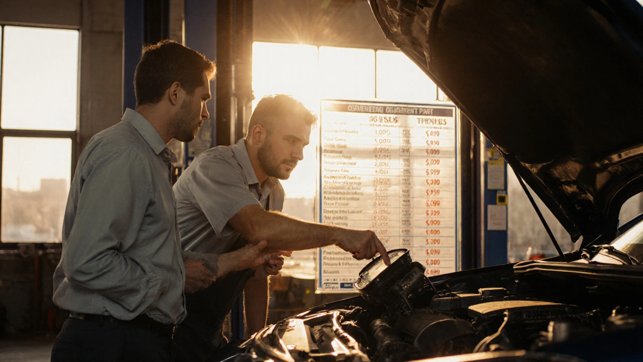 Klient a mechanik kontrolují díly a transparentní cenový seznam, aby předešli skrytým poplatkům.