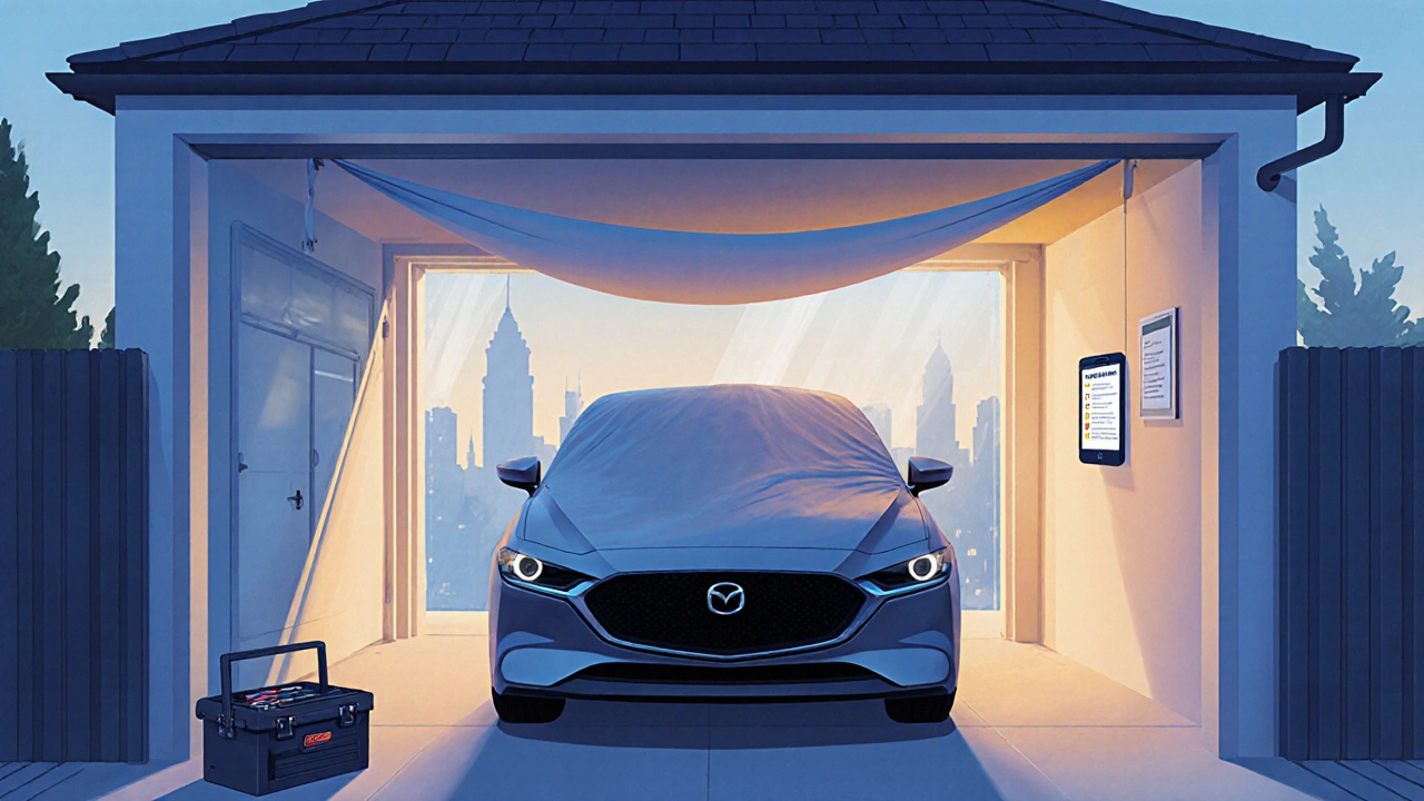 Mazda chráněná stříškou v garáži s pojišťovacím seznamem.