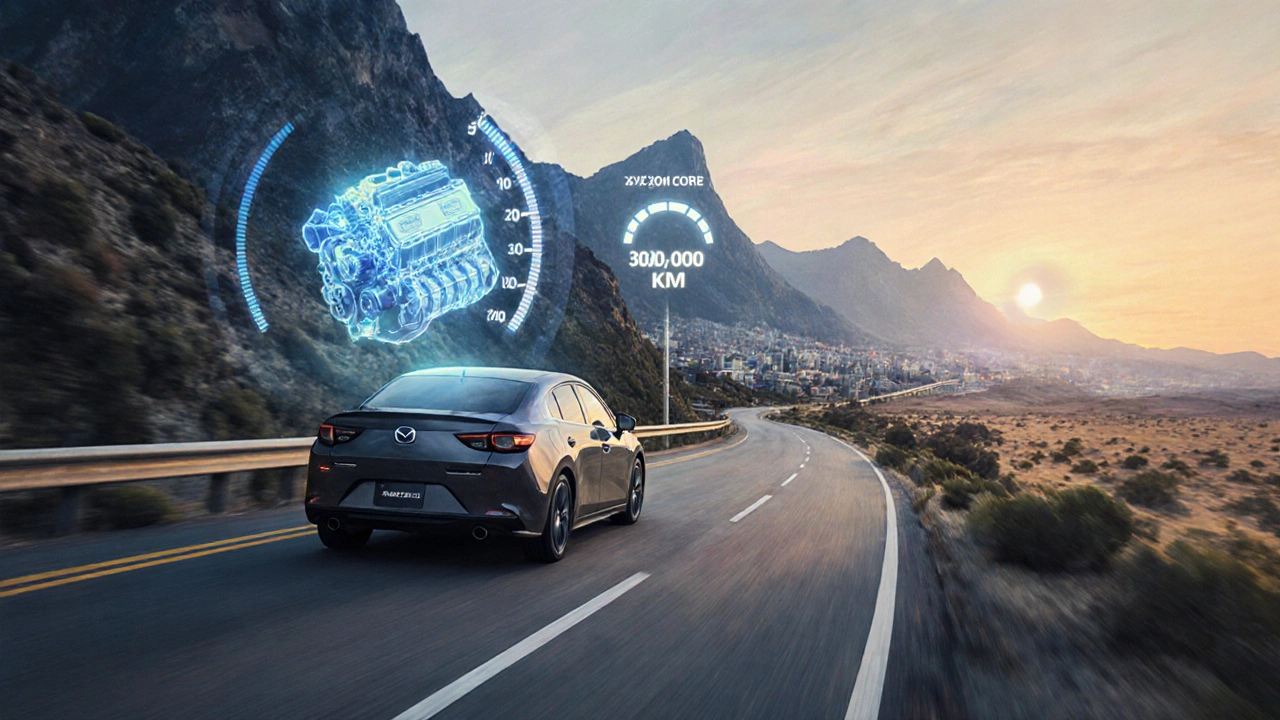 Mazda projíždí horami, městem a pouští, s průhledným motorem a značkou 300 000 km.