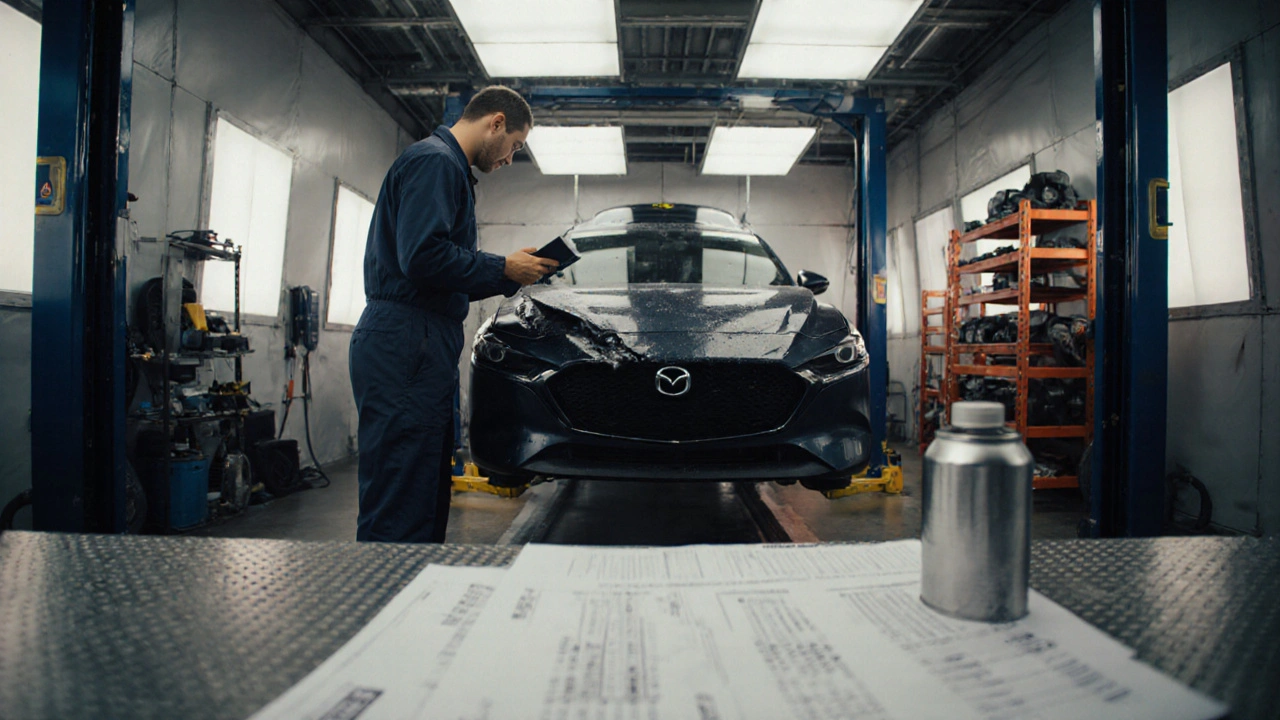 Mechanik kontroluje poškozený Mazda v dílně s nástroji a odhadem nákladů.