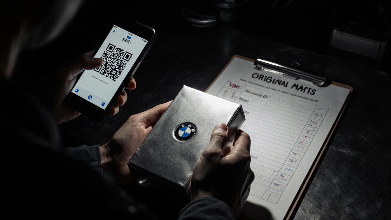 Mechanik kontroluje pravost BMW dílu pomocí QR kódu a VIN.