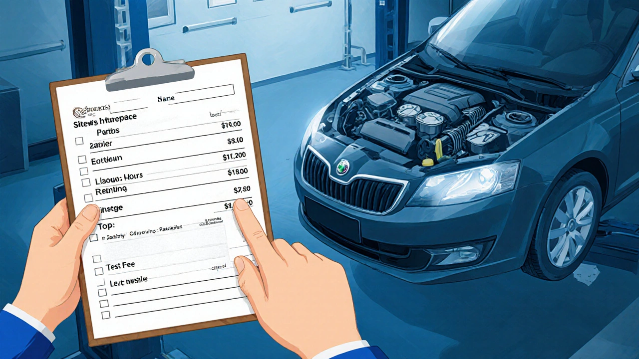 Mechanik ukazuje rozpis nákladů u otevřeného motoru Škoda Octavia v dílně.