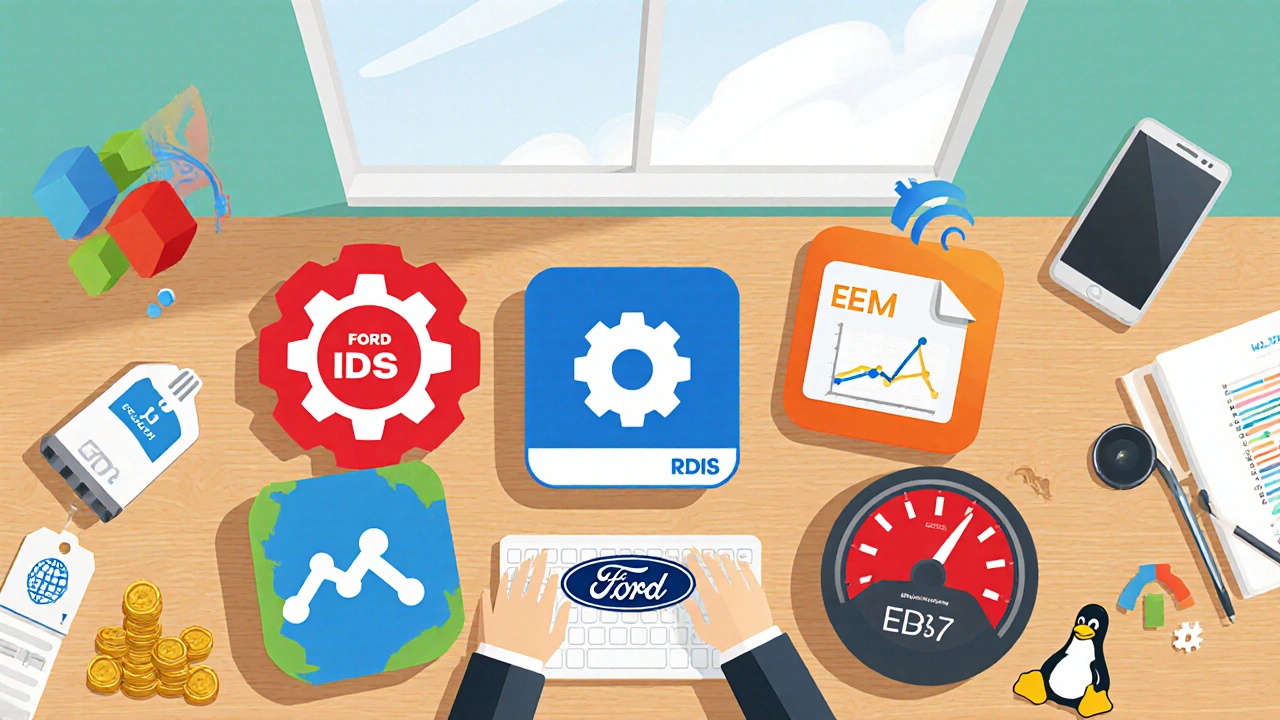 Na stole jsou ikony diagnostických programů Ford IDS, Forscan, ELM327, OBDwiz a Torque Pro obklopené symboly funkcí a cen.