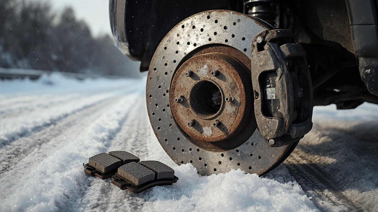 Poškozený brzdový kotouč s krystaly soli a vodními kapkami.