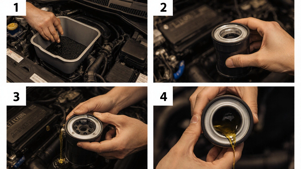 Postup výměny olejového filtru na Škoda Fabia – od zahřátí motoru po instalaci nového filtru.