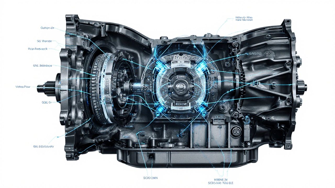 Průřez DSG převodovky s dvěma spojkovými bloky.
