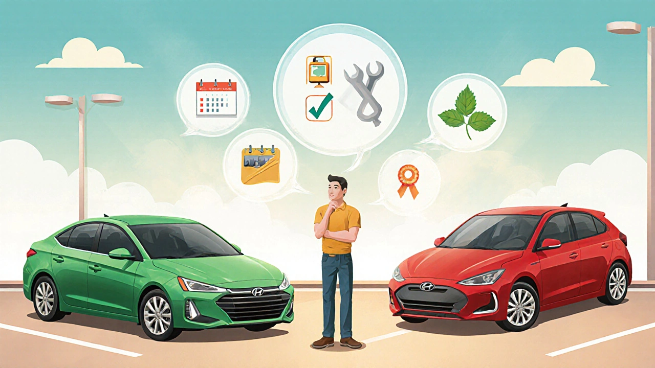 Řidič stojí mezi novým hybridním a starším autem, nad nimi bubliny s ikonami kontroly výměny.