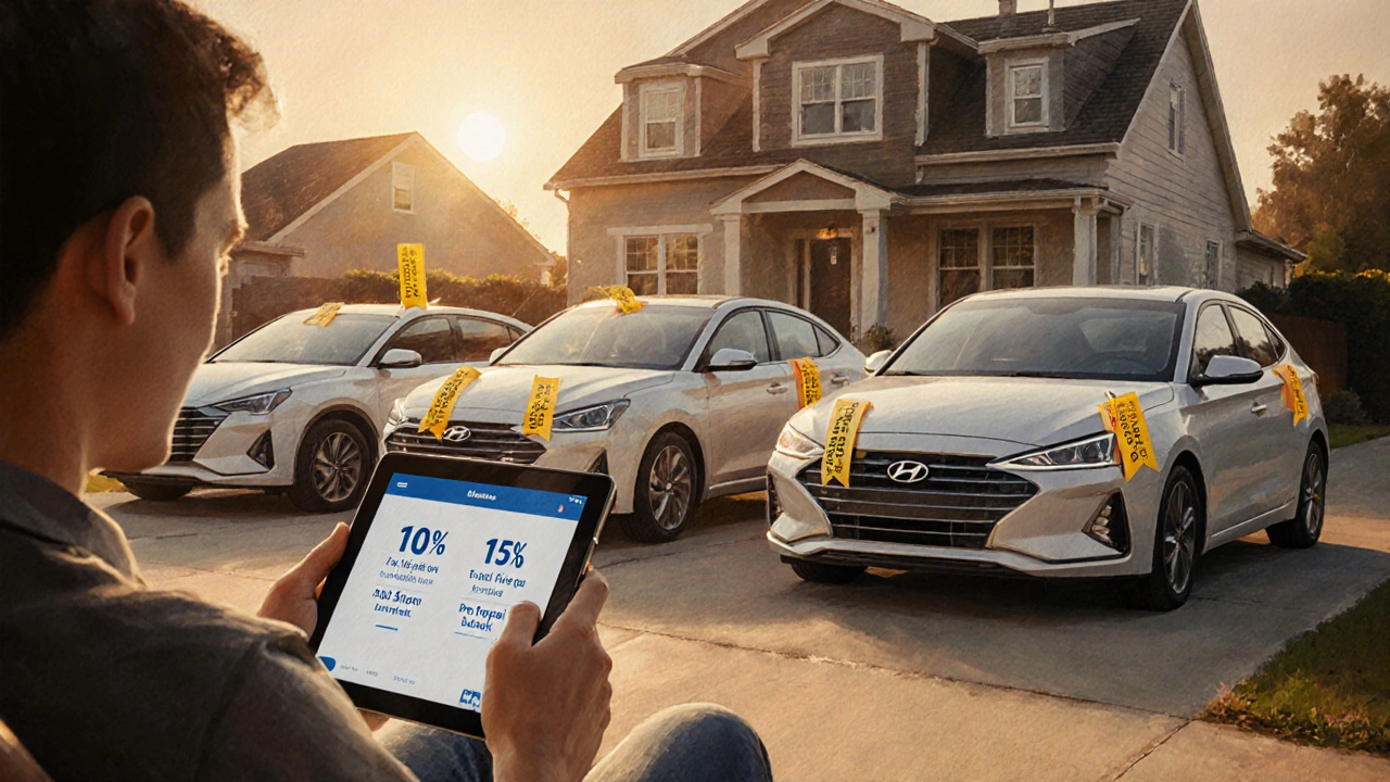 Rodina Hyundai aut u domu při východu slunce, zobrazené slevy.