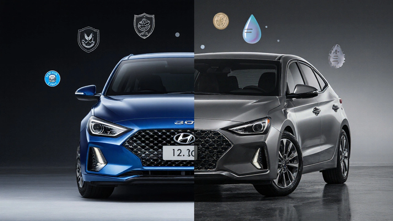 Rozdělený obrázek nového a ojetého Hyundai i30, zdůrazňující rozdíly v technologiích a stavu.