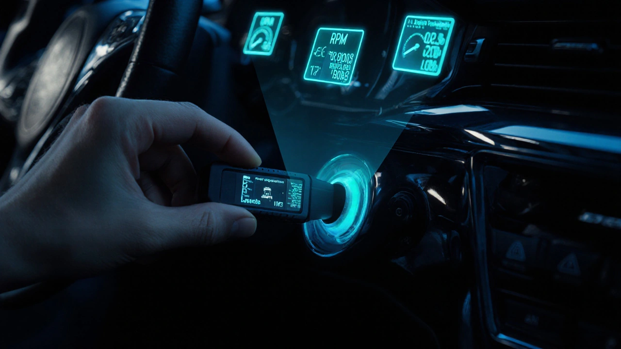 Ruka vkládá Bluetooth adaptér ELM327 do OBD2 konektoru pod volantem, nad ním se zobrazuje holografický přehled dat motoru.