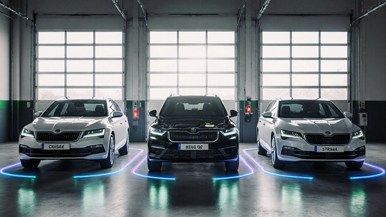 Skoda Octavia, Kodiaq a Superb v dílně, zvýrazněny oblasti motoru s viditelnými intervaly.