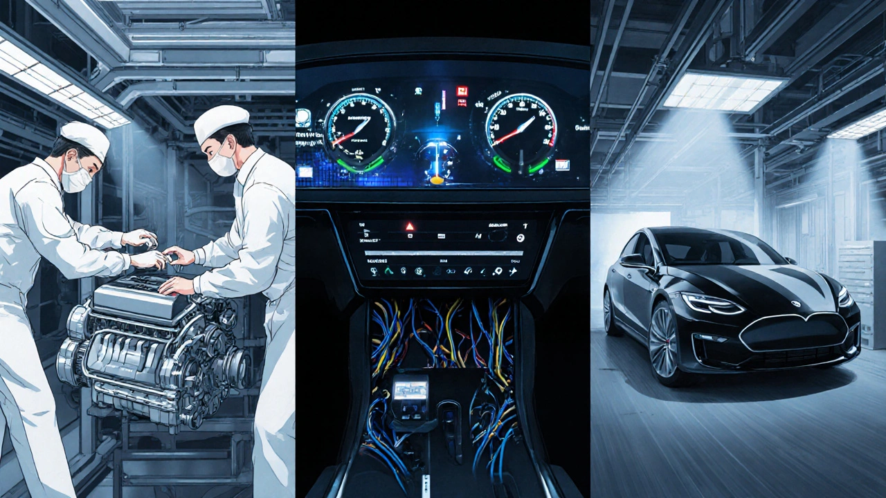 Tri panelová ilustrace: japonská výroba Toyota, digitální cockpit BMW a testování softwaru Tesly.