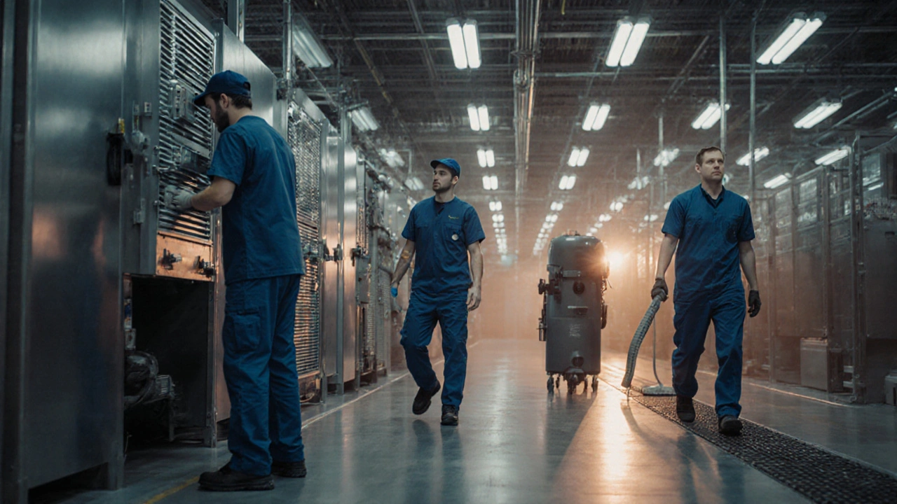 Tým popelářů pracuje společně v čisté výrobní linii během údržby.