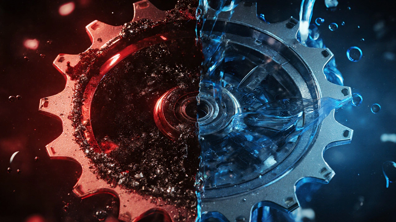 Vnitřek převodovky: znečištěný olej a opotřebované ozubené kolo proti čistému mazání.