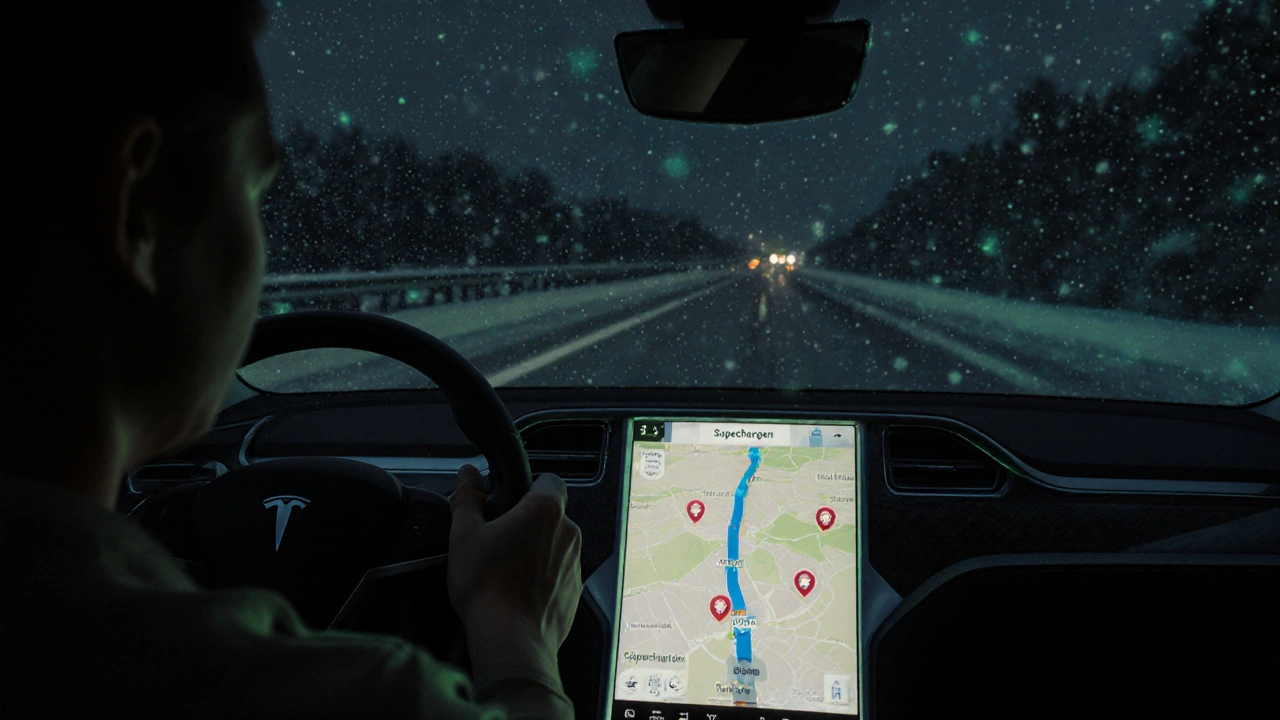 Vnitřek Tesla v noci s navigací ukazující Supercharger na trase, venku sněží, teplota -3°C.