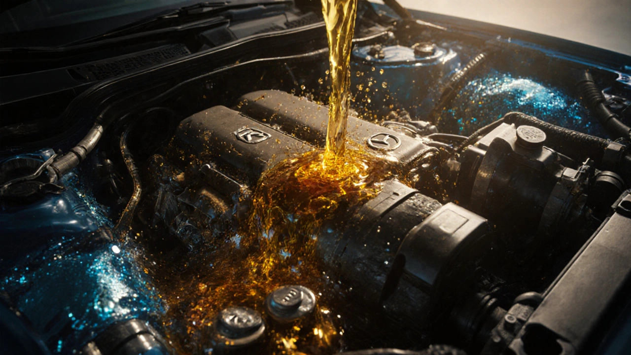 Abstraktní znázornění černého oleje v motoru s kovovými částicemi