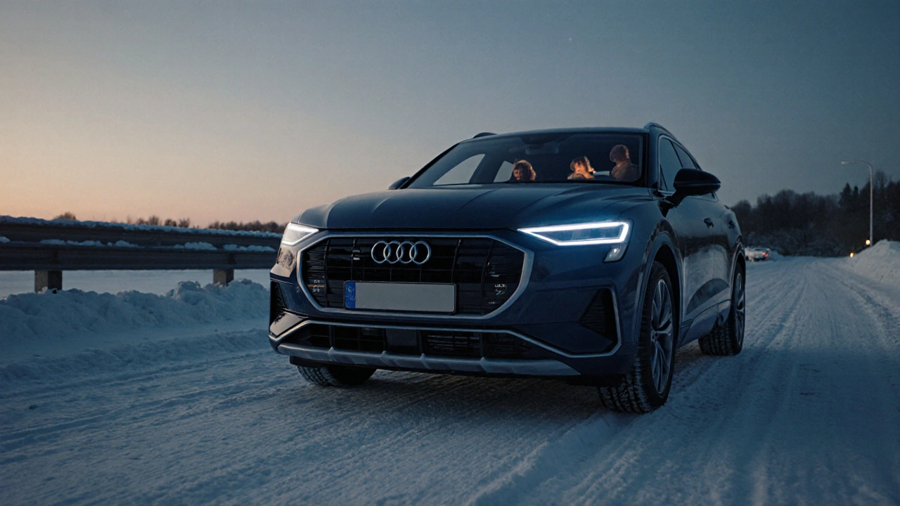 Audi Q4 e-tron v zimním Česku s osvětlenou digitální kabinou a rodinou uvnitř.