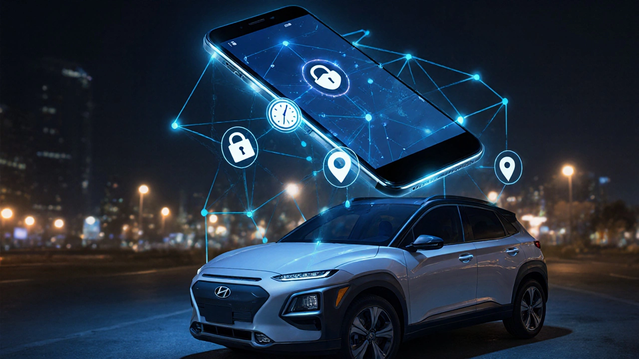 Chytrý automobil Hyundai Kona EV spojený s telefonem digitálními linkami reprezentujícími dálkové funkce.