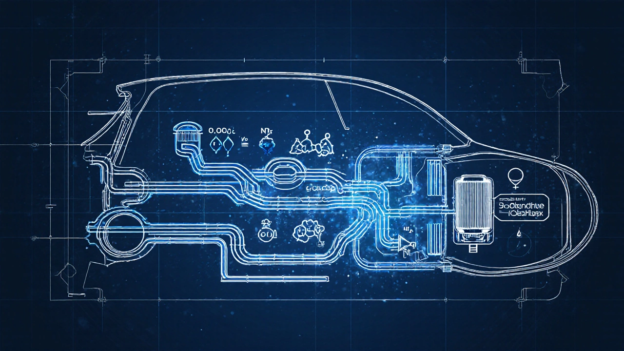Cross-section of a Mercedes diesel exhaust system filtering pollutants into clean nitrogen and water.