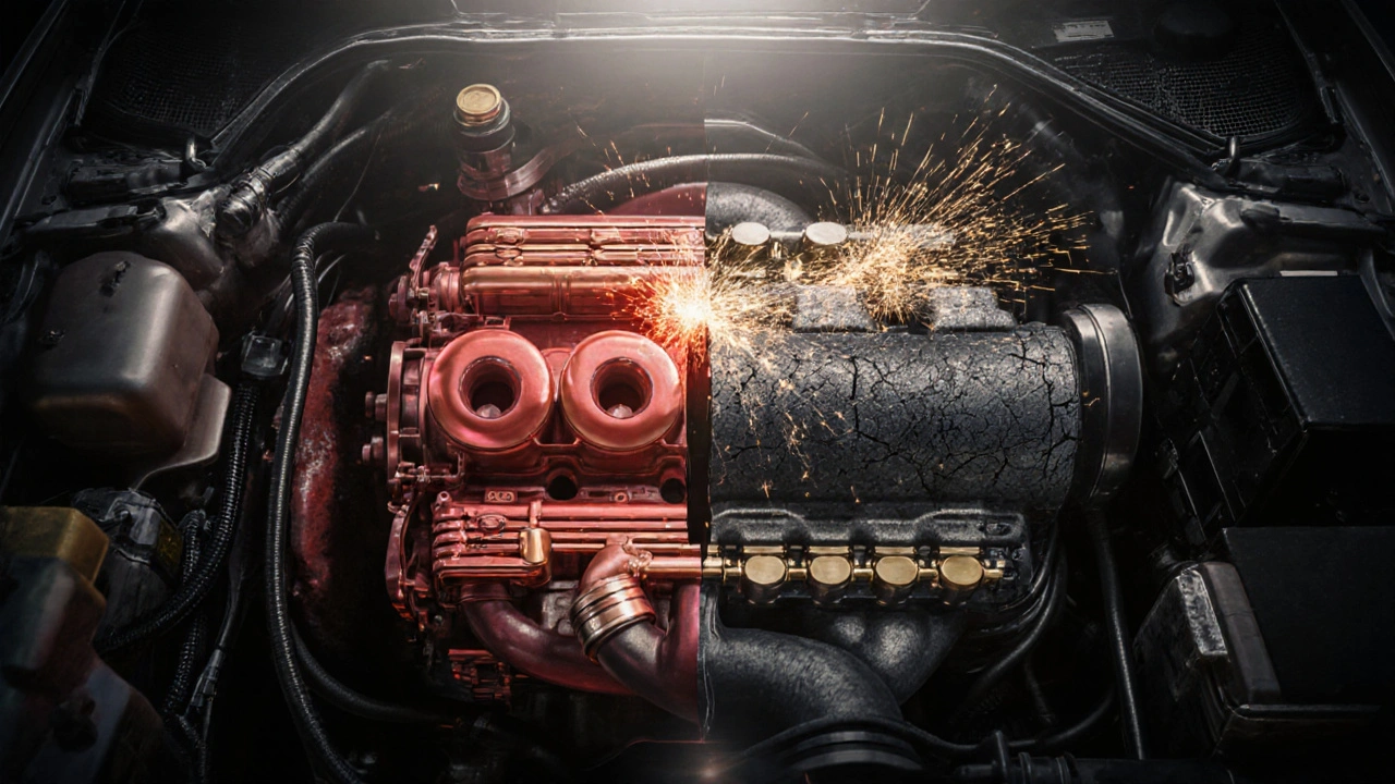 Cross-section of car engine showing clean vs. damaging combustion from different fuel octanes.