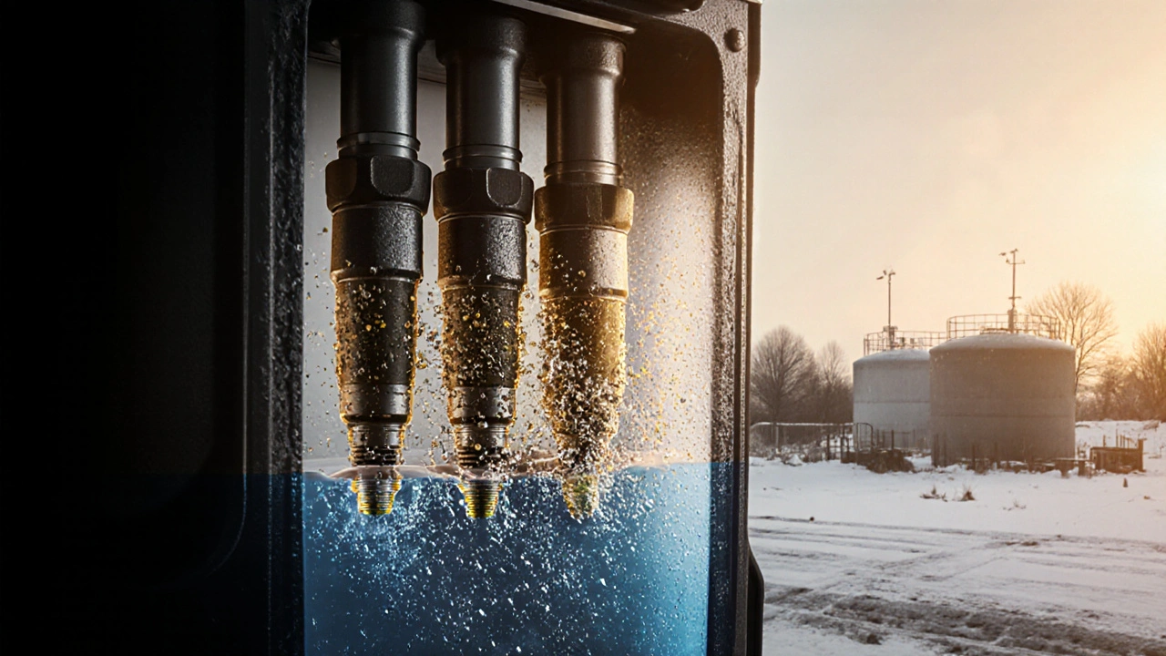 Cross-section of fuel system with detergent particles removing deposits and preventing corrosion.