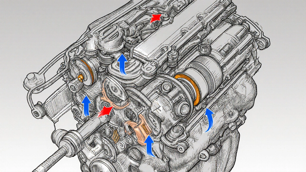 Cross-section of Opel engine showing worn piston rings and oil leakage paths