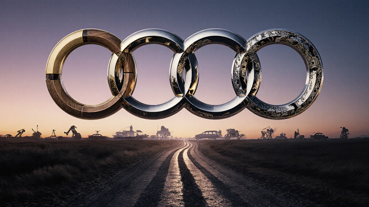 Čtyři propojené prstence Audi s historickými texturami každé původní společnosti.