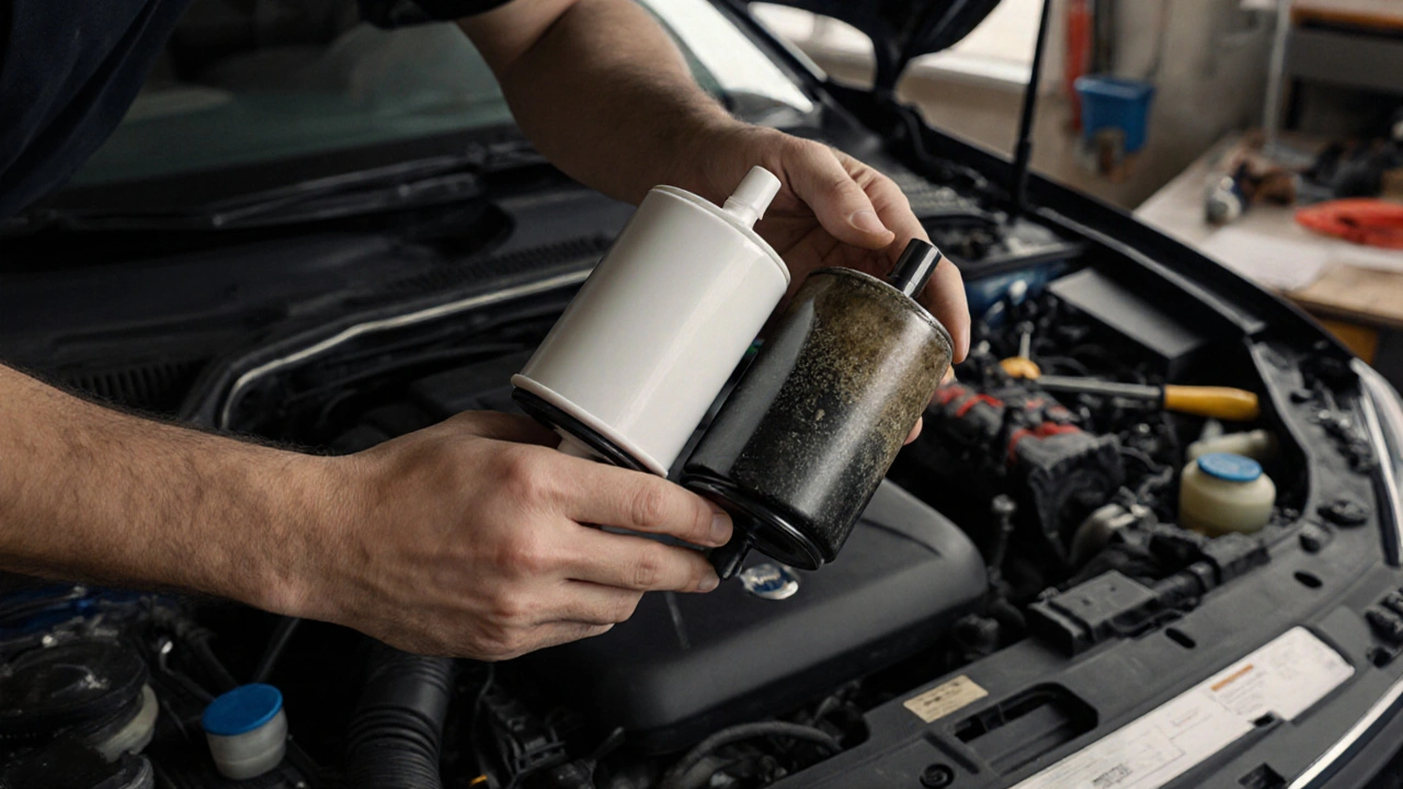 Dva palivové filtry vedle sebe: čistý a zanesený, u motoru Škoda Superb.