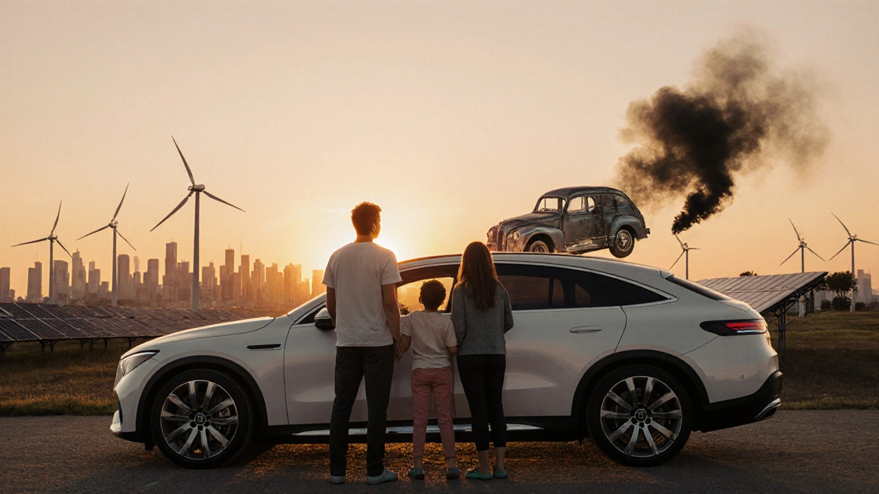 Family beside electric Mercedes EQS with clean city skyline, old diesel car fading in background.