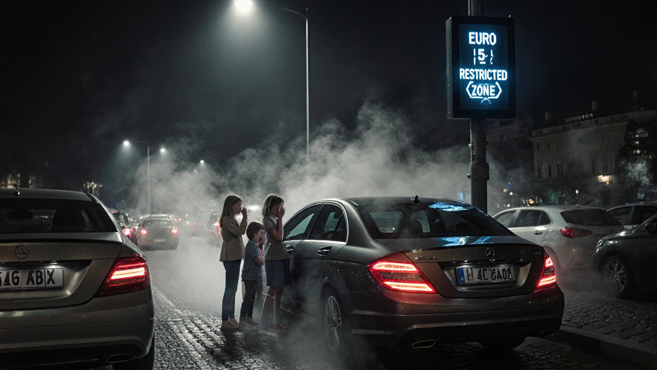 Family in a 2012 Mercedes C-Class stuck in Prague traffic, surrounded by visible exhaust fumes.