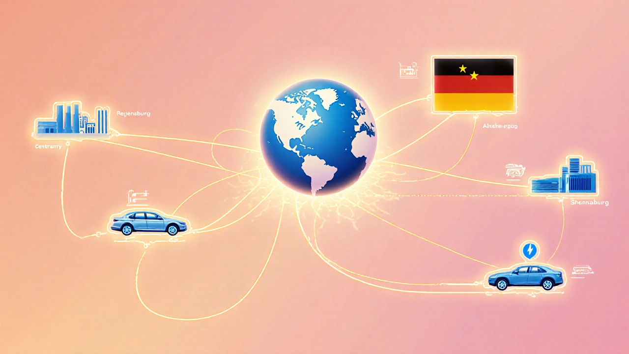 Globální síť výrobních závodů BMW spojená světlými čarami na mapě světa