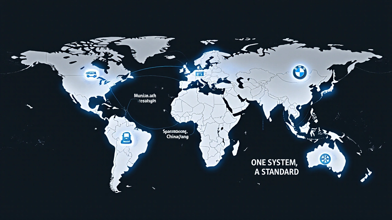 Globální síť výroby BMW s propojeními mezi Německem, USA, Čínou a Mexikem.