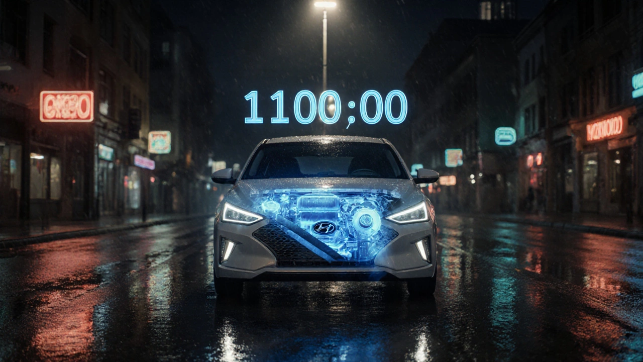 Hyundai s viditelným rozvodovým systémem a odpočítáváním kilometrů.