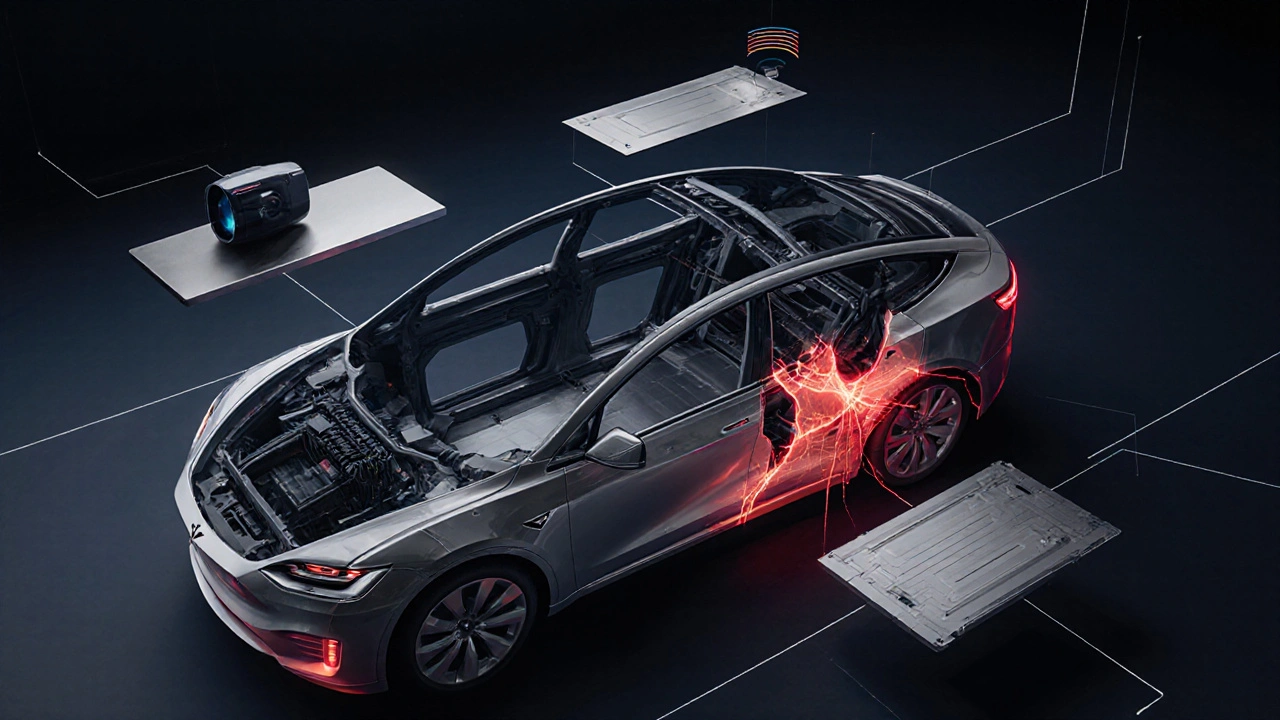 Integrovaná karosérie Tesla s poškozenou částí a vyobrazenými senzory a baterií.