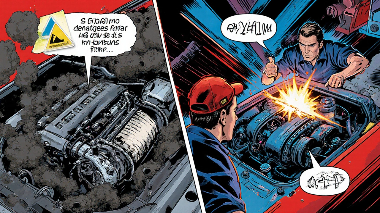 Komiksový styl: zničený motor vs. čistý motor po výměně filtru s varováním a vítězstvím.