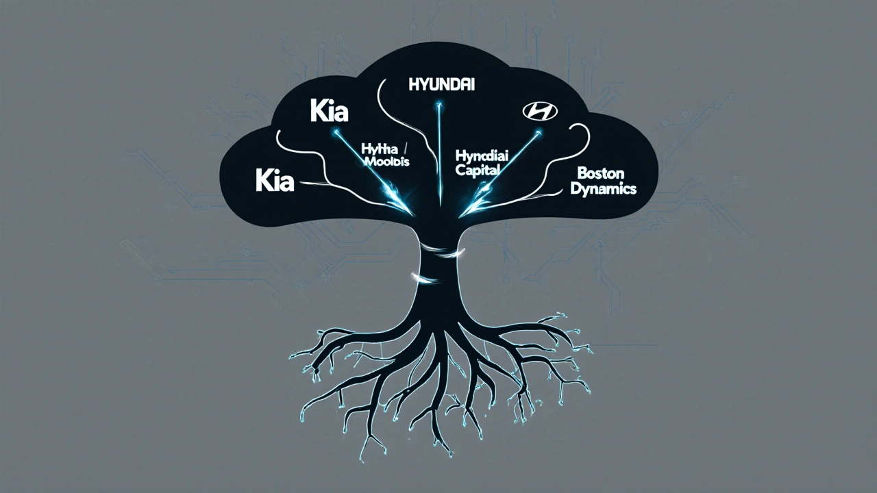Koncepční ilustrace stromu s větvemi Kia a Hyundai, kořeny představující společné technologie.