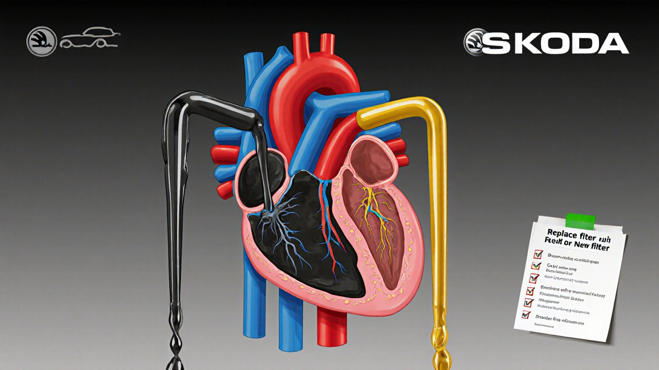 Koncepční obrázek motoru jako srdce s čistým a znečištěným tokem oleje.