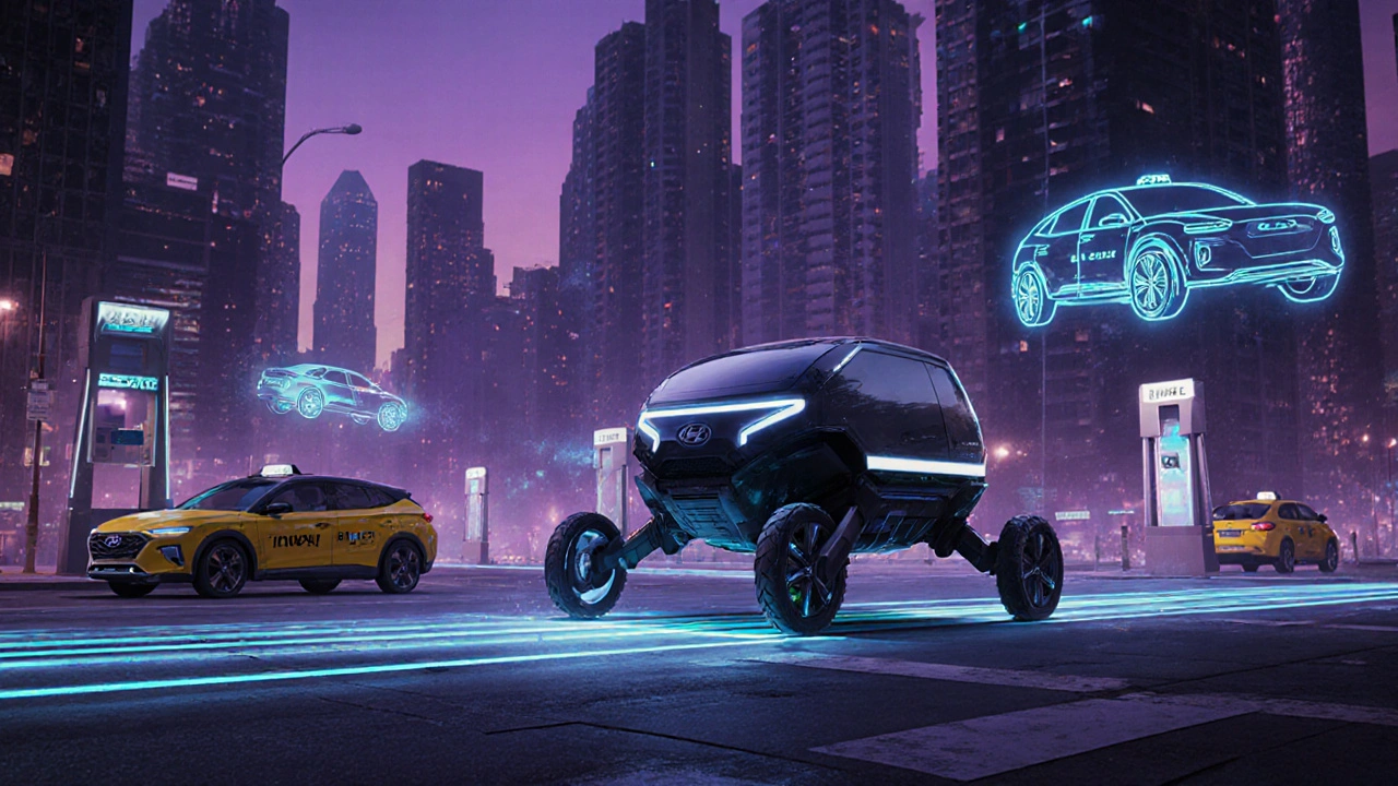 Koncepční robotické vozidlo ELEVATE s nohama cestující městem s vodíkovými stanicemi.