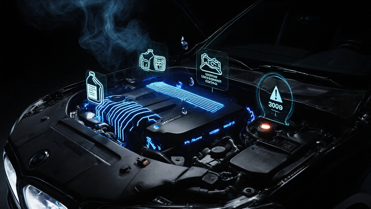 Konceptuální obrázek motoru BMW 7 Series s elektronickými proudy a kapalinami symbolizujícími údržbu.