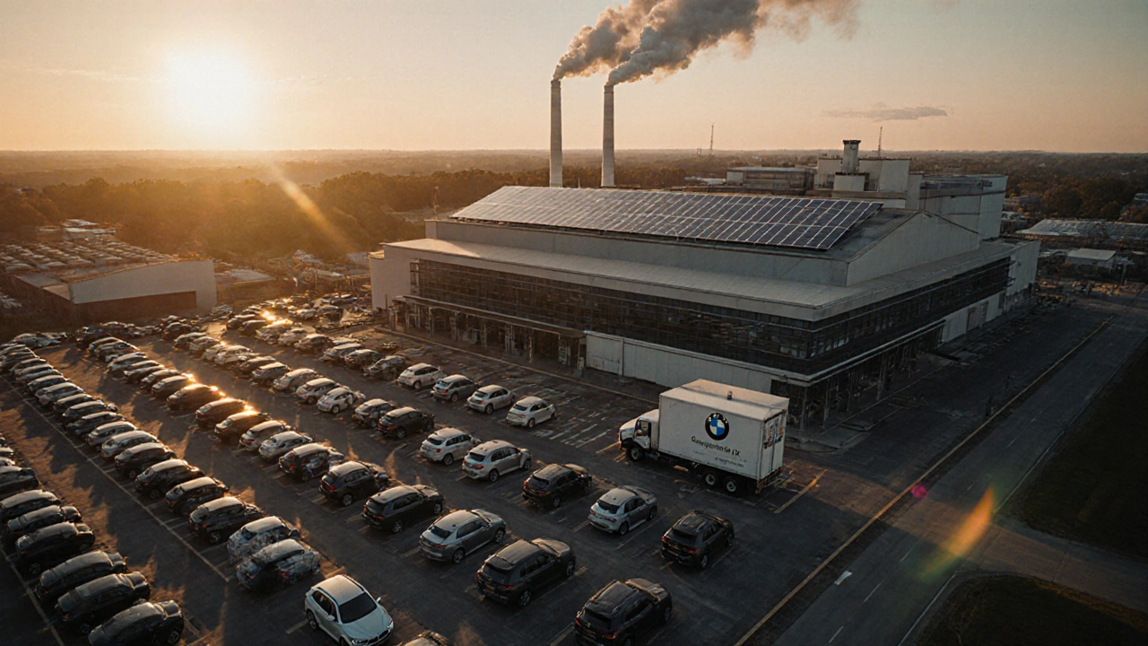 Letecký pohled na závod BMW v Spartanburgu s řadami nových vozidel.