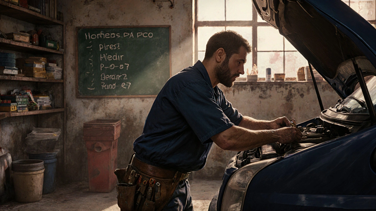 Mechanik opravuje Ford Transit v malé garáži v Brně.