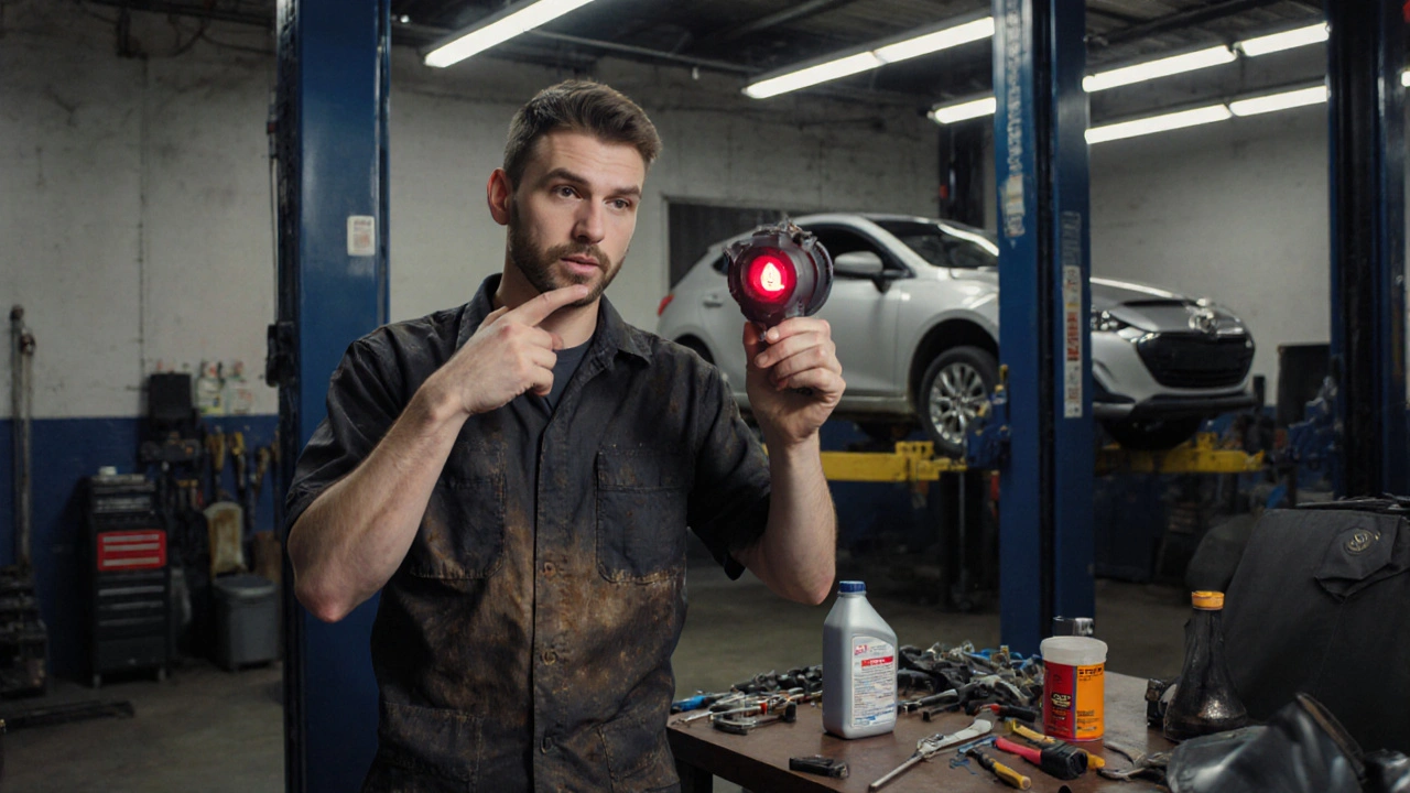 Mechanik ukazuje na červenou kontrolku oleje v autě Mazda