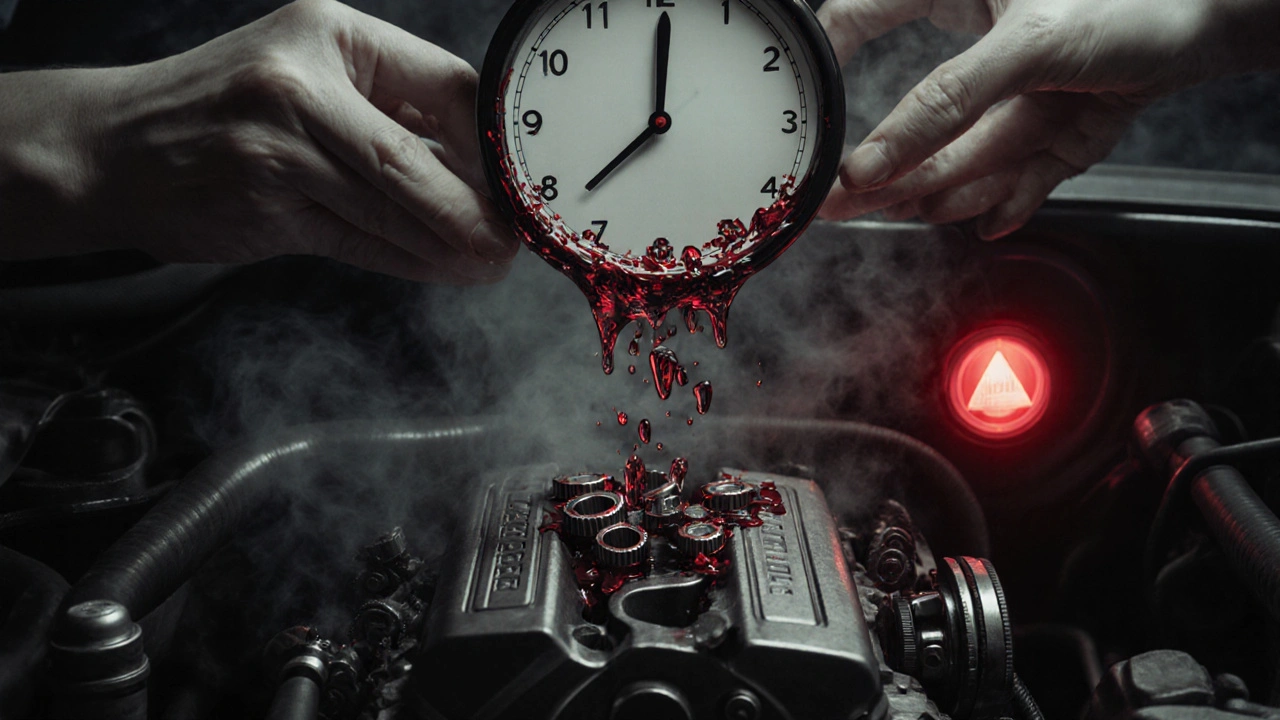 Melting clock over Opel engine with oil droplets turning into broken parts